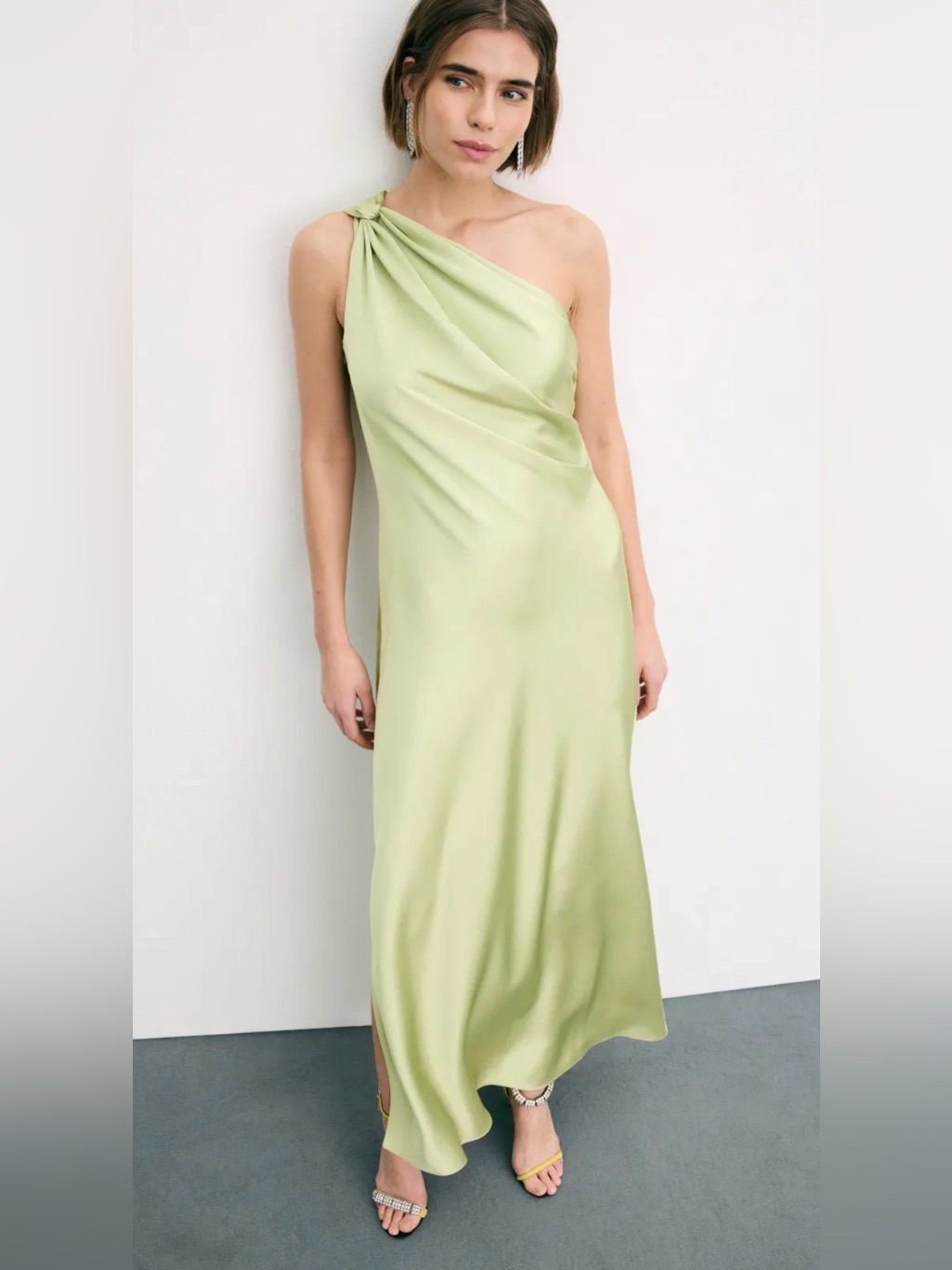 Tanya Taylor Stassi Dress One-Shoulder Satin Slip Dress In Light Green
